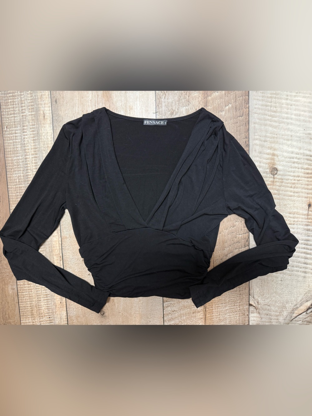 Black Long-Sleeve Wrap-Front Women's Top